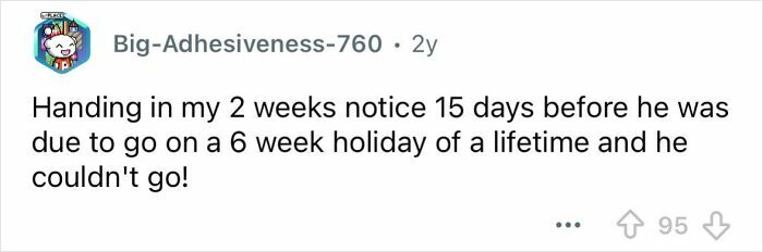 Screenshot of a user sharing a petty revenge story about handing in a 2 weeks notice before a boss’s holiday.