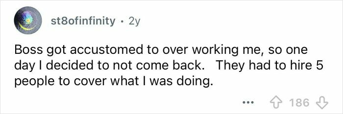 Screenshot of a Reddit comment describing a petty revenge on a boss by quitting and making them hire five people to cover the work.