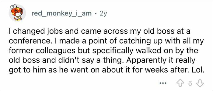 Reddit post describing petty revenge on an old boss by ignoring him at a conference after changing jobs.