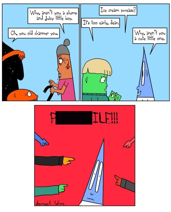 Unsettling comic by Samuel Edme showing characters with odd traits and others pointing fingers accusingly on a red background.