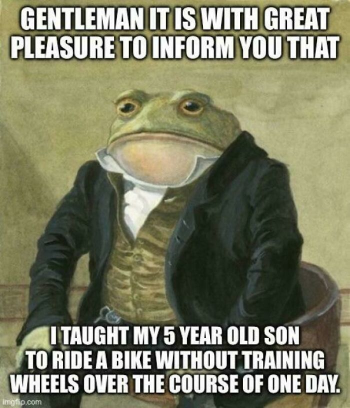 A funny meme illustrating what it means to be a great dad, celebrating teaching a child to ride a bike.