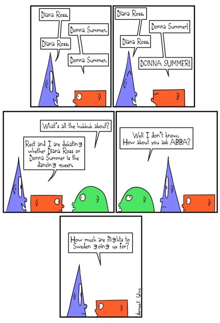 Unsettling comic strip debating Diana Ross vs Donna Summer with witty absurdity and modern satire by Samuel Edme.