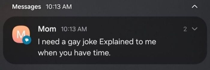 Text message exchange showing a mom asking for a gay joke to be explained, illustrating hilarious memes with cynicism.