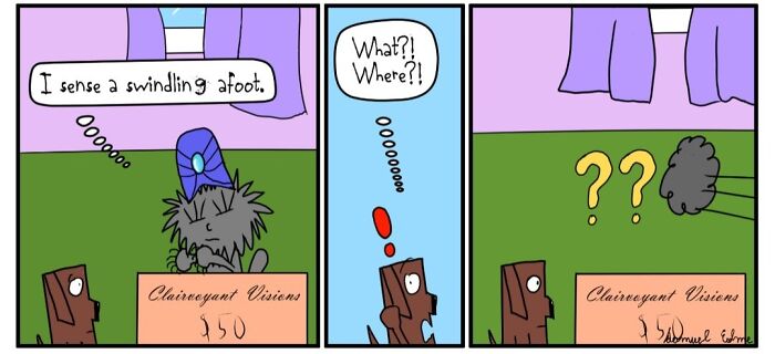 Comic panels showing a cat in a turban and a wooden block with text about clairvoyant visions illustrating modern absurdity.