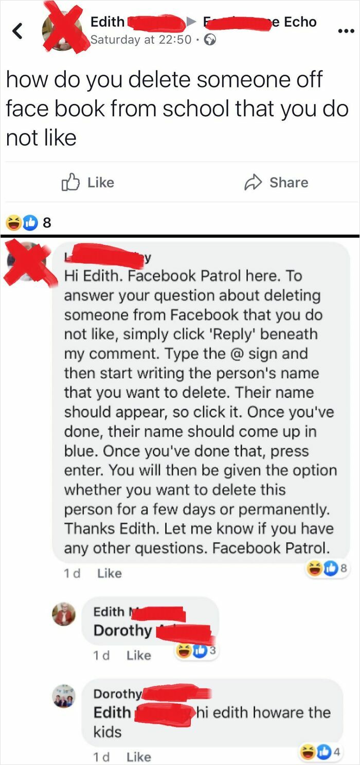 Facebook post showing a boomer struggling with technology and humorously asking how to delete someone on Facebook.