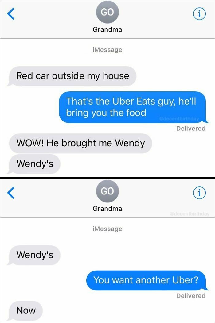 Text message exchange showing a grandma confused about Uber Eats in a humorous boomer technology fail moment.