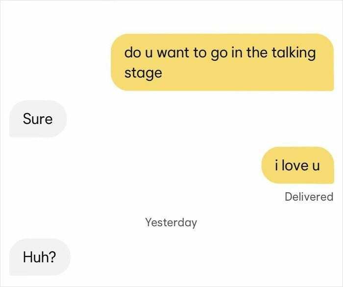 Text message exchange showing a cynical meme about relationship stages with a humorous twist.