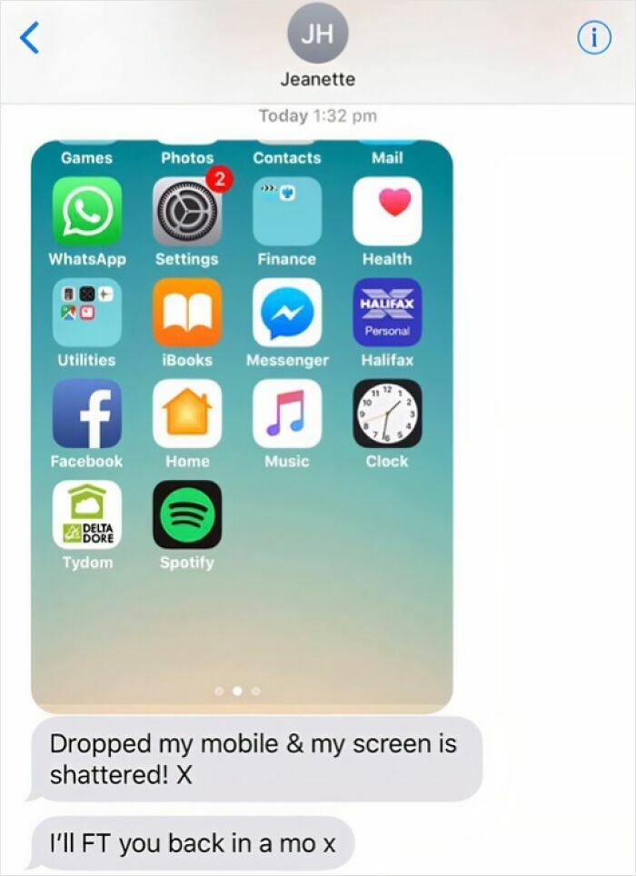 Screenshot of a text message about a shattered phone screen, illustrating boomers struggling with technology.
