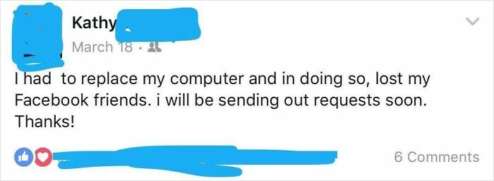 Facebook post from a boomer explaining they lost friends after replacing their computer, showing technology use struggles.