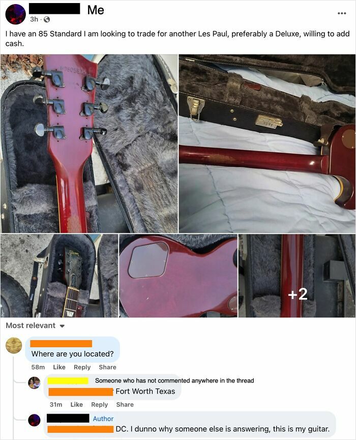 Vintage electric guitar inside a hard case, highlighting boomer struggles with technology and online trading attempts.