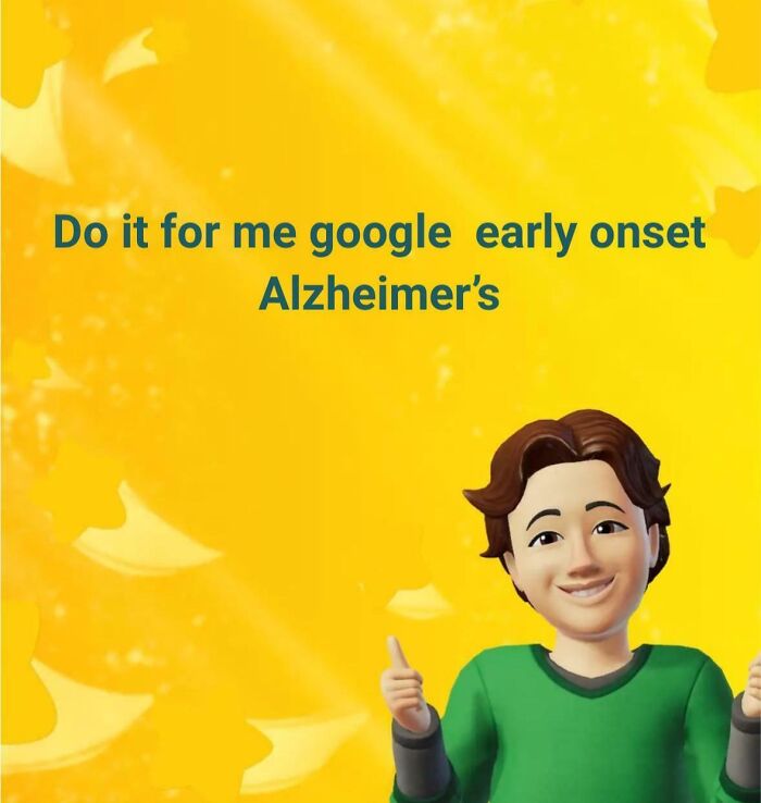 Text on yellow background with a digital avatar smiling and thumbs up, related to boomers struggling with technology.