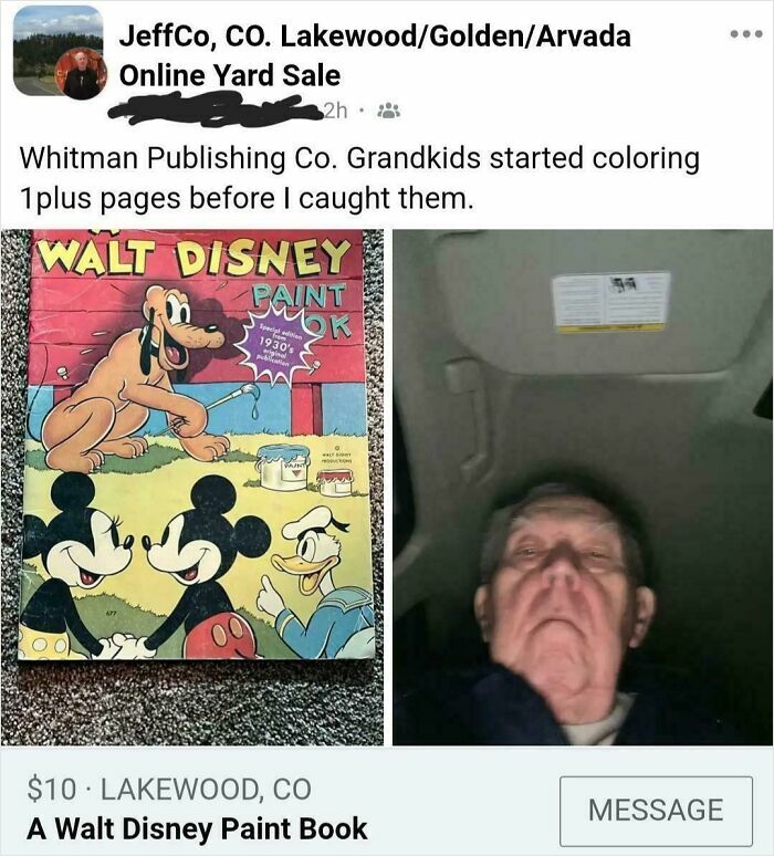Older man struggling with technology shown in a funny online yard sale post featuring a vintage Walt Disney paint book.