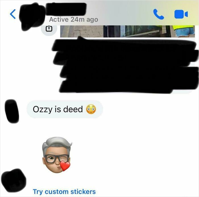 Text message showing a confused boomer trying to use technology with an emoji and custom sticker fail.