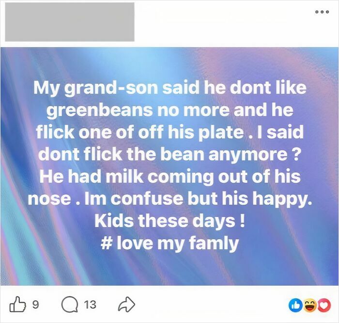 Funny social media post showing a boomer's confusing text about grandchild and family love, reflecting boomer technology fails.