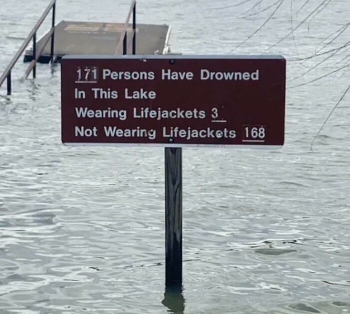 Warning sign at a lake showing number of drowned persons, highlighting the importance of wearing lifejackets for safety.