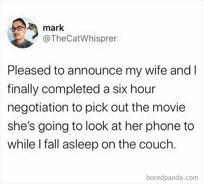 Marriage meme showing a humorous tweet about negotiating movie choices and falling asleep on the couch together.