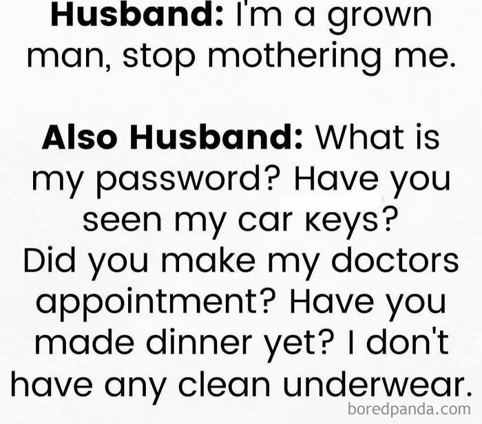 Marriage meme showing husband asking for help with passwords, car keys, appointments, and dinner, highlighting chaotic humor.