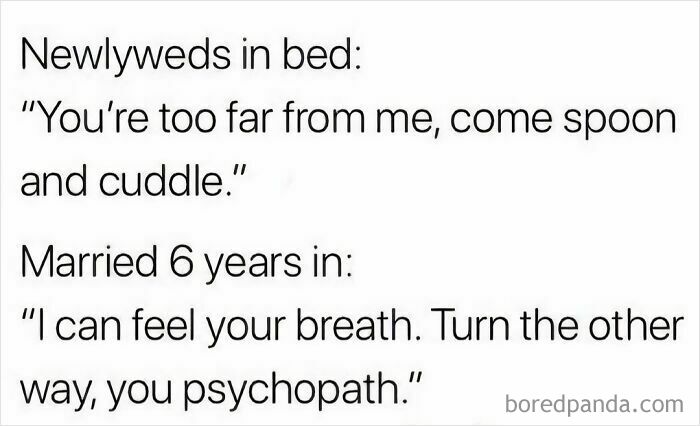 Marriage meme showing contrast between newlyweds cuddling and a chaotic 6-year marriage in bed humor humorously.