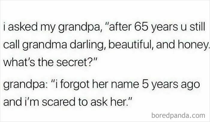Humorous marriage meme about a grandpa’s secret to long-lasting love, fitting the theme of funny chaotic marriage memes.
