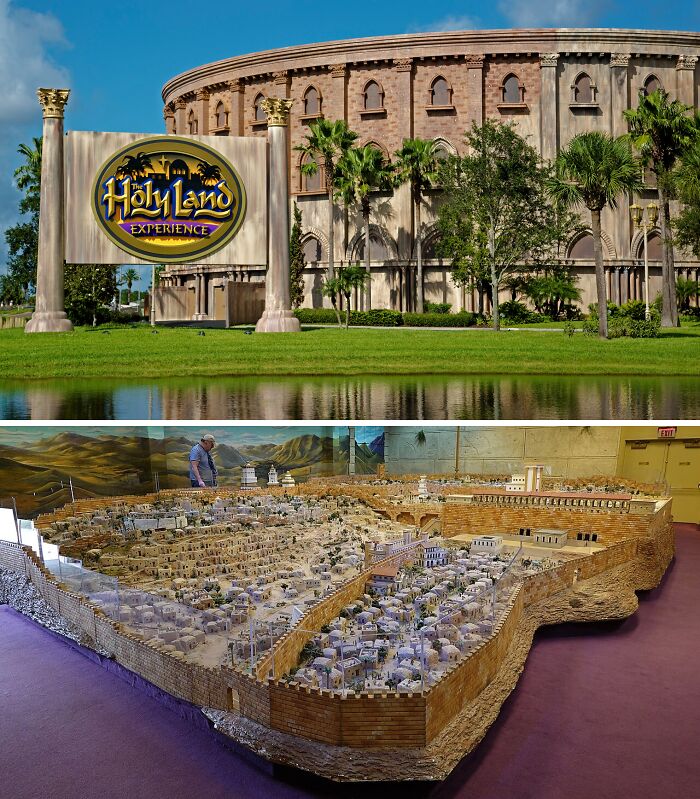 The Holy Land Experience theme park exterior and detailed miniature model of an ancient walled city, a unique unusual place.