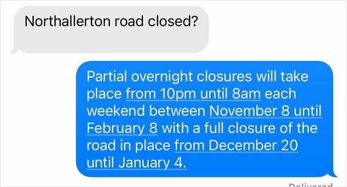 Text message exchange showing confusion and detailed road closure information, illustrating boomers struggling with technology.
