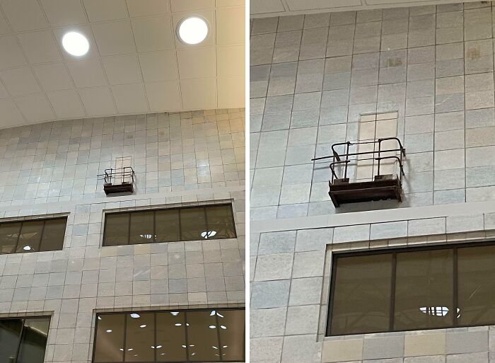 Small balcony with a rusted railing and a door that leads absolutely nowhere on a tiled building wall, an architectural fail.