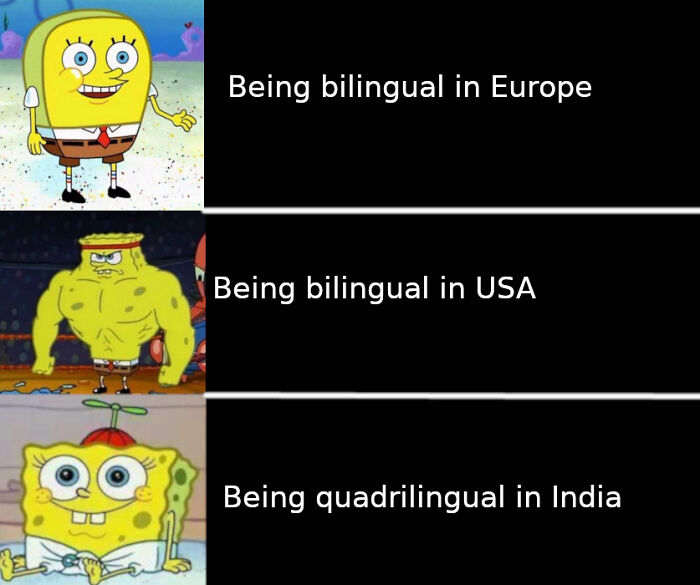 Three SpongeBob memes comparing bilingualism in Europe and USA with quadrilingualism in India, highlighting funny geography humor.