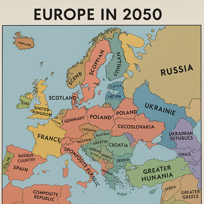 Funny and silly geography memes showing a humorous imaginary map of Europe in 2050 with altered country names and borders.