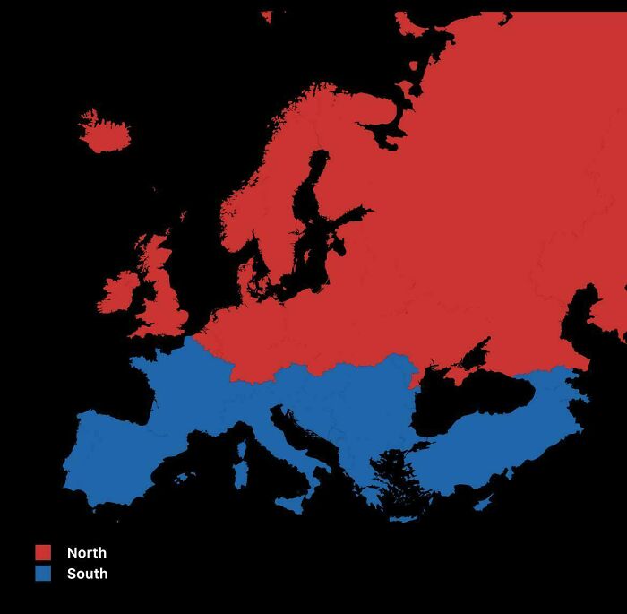Map of Europe divided into north and south regions, highlighted in red and blue for funny and silly geography memes.