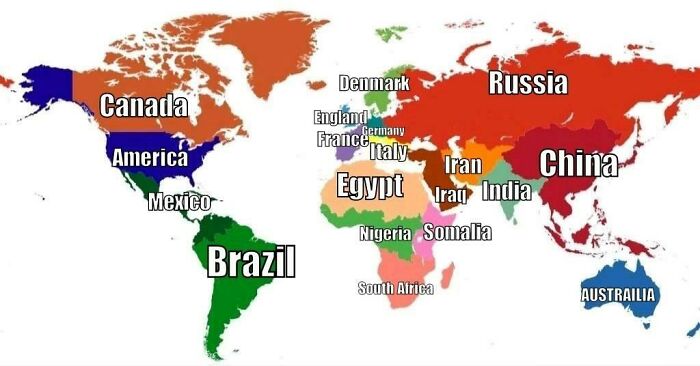 Colorful world map with country names labeled humorously, illustrating funny and silly geography memes.