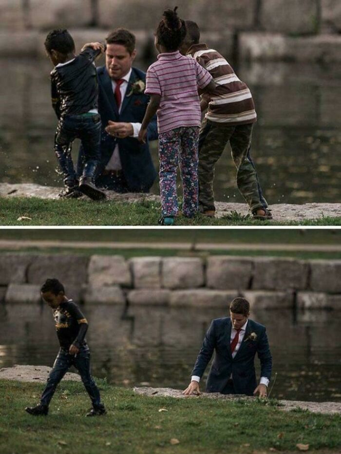 Amazing photo of a man in a suit in water with kids, teaching something new.