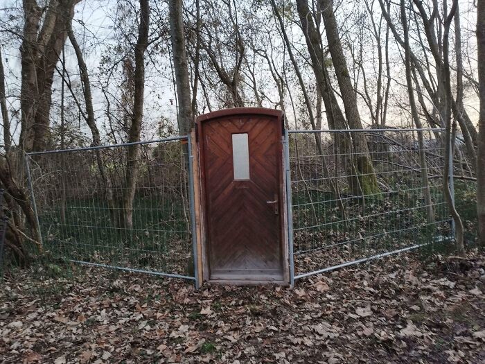 A wooden door installed in the middle of a metal fence in a forest, an example of architects failing design.