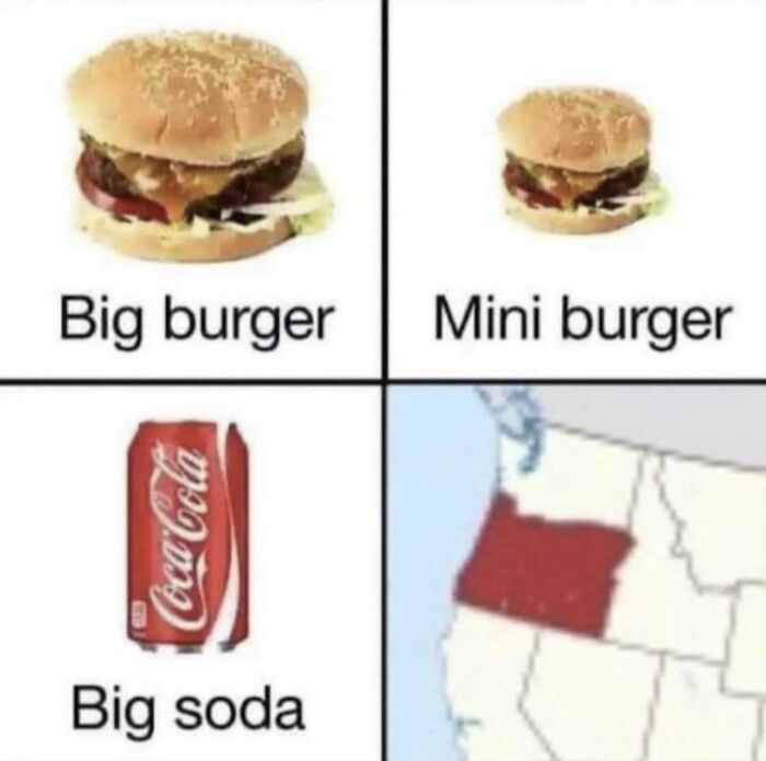 Funny geography meme comparing big and mini burgers and sodas with a map highlighting a U.S. state in red.