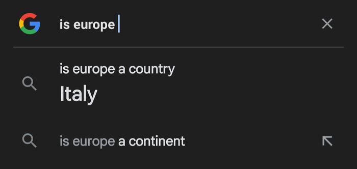 Google search suggestions asking if Europe is a country or continent, highlighting funny geography memes and misconceptions.
