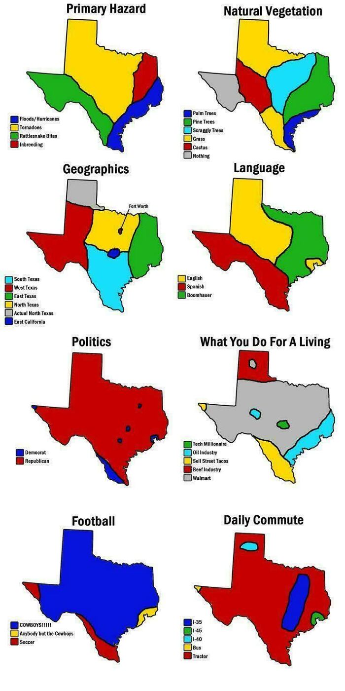 Funny and silly geography memes showcasing Texas hazards, vegetation, politics, language, and daily life habits in colorful maps.