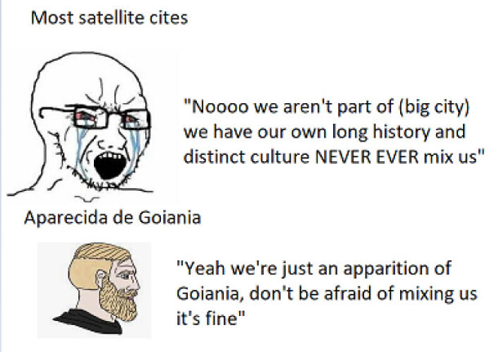 Two contrasting illustrated characters discussing satellite cities with geography memes about culture and identity differences.