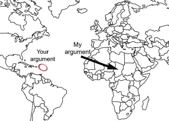 Map highlighting two arguments with arrows pointing near the Caribbean and central Africa in a humorous geography meme.