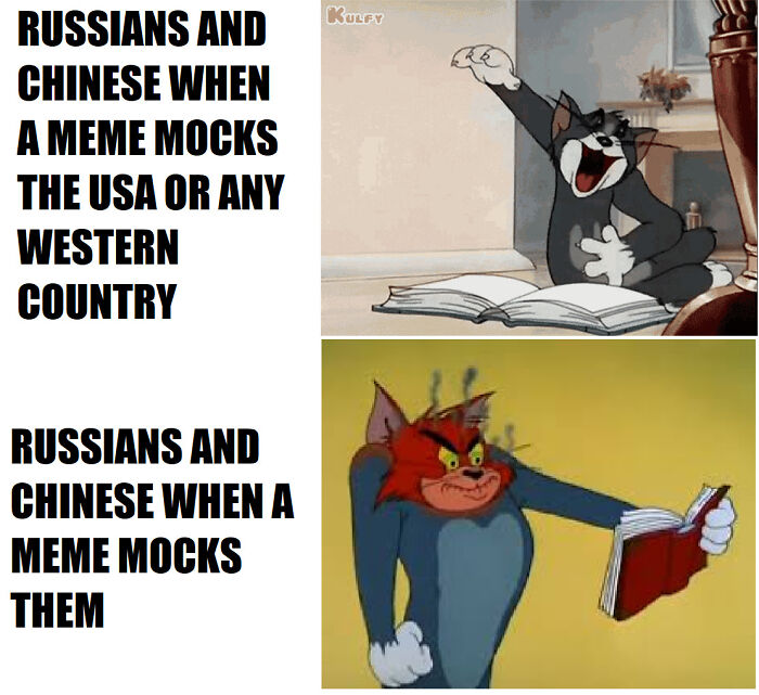 Funny geography meme featuring Tom from Tom and Jerry reacting differently to memes about countries and themselves.