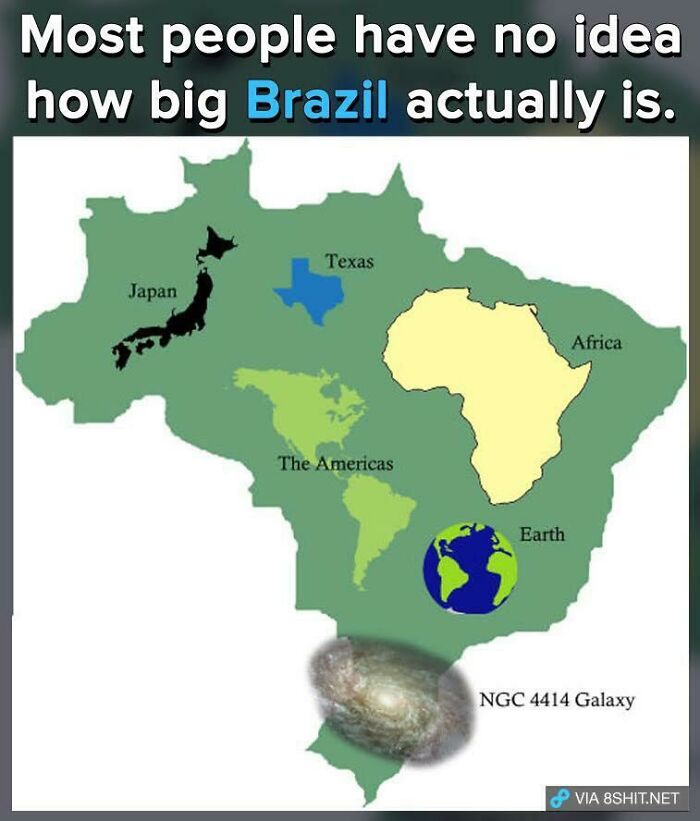 Map showing the size of Brazil compared to Texas, Japan, Africa, the Americas, Earth, and the NGC 4414 Galaxy geography meme.