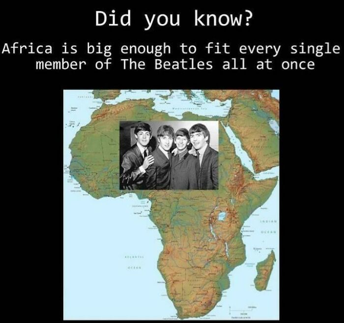 Map of Africa with text about its size fitting all members of The Beatles, showcasing funny geography meme concept.