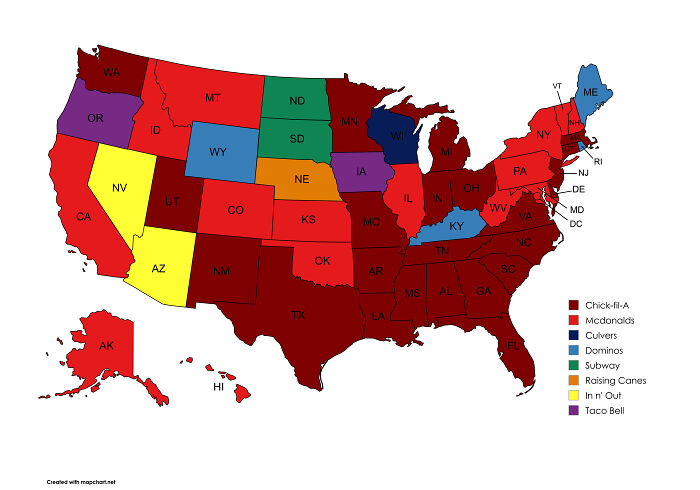 Map of the United States showing popular fast food chains by state, highlighting geography in a funny and silly context.