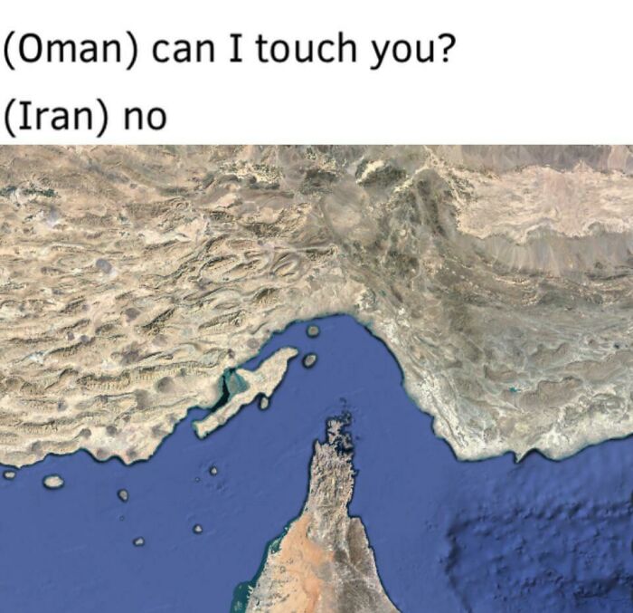 Satellite image showing the geographic border between Oman and Iran with a humorous meme about geography memes.
