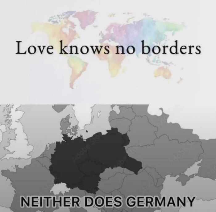 Funny geography meme showing a world map with love and a darkened map highlighting Germany's borders.