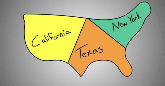 Simplified map of the United States showing only California, Texas, and New York for a funny geography meme illustration.