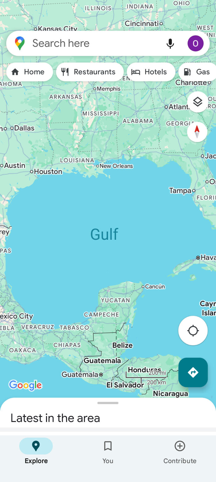 Google Maps screenshot showing Gulf of Mexico and surrounding US states and Central America with search options visible, geography map.