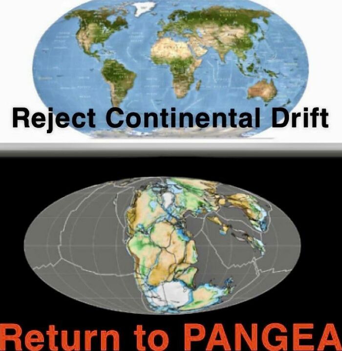 Map comparison showing current world continents versus ancient Pangea supercontinent, highlighting funny geography memes.