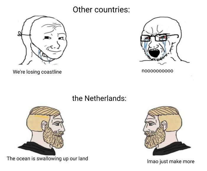 Meme contrasting other countries losing coastline with the Netherlands humorously making more land, featuring funny geography references.