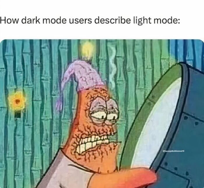 Memes showing a tired character struggling with bright light, illustrating humorous dark mode vs light mode contrast.