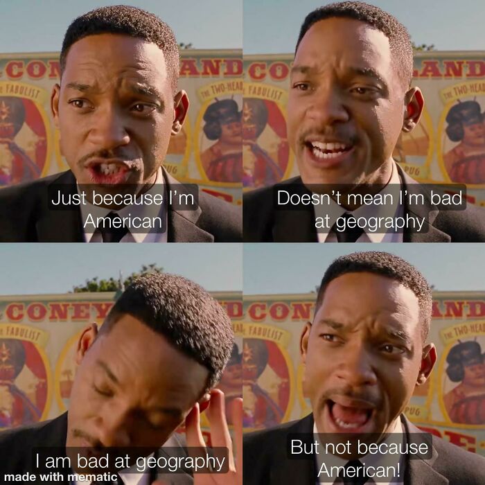 Will Smith in a four-panel meme humorously discussing being bad at geography despite being American.