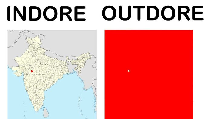 Funny geography meme showing a map of India with a red dot labeled Indore versus a red square labeled Outdore.